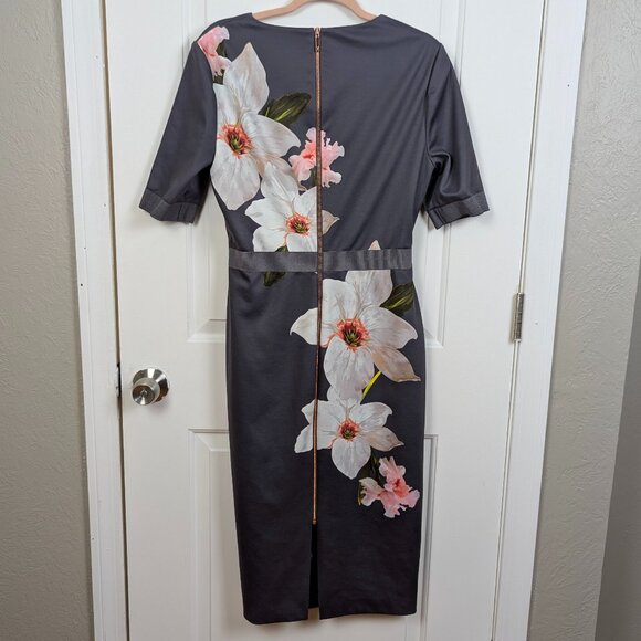 Ted Baker | Gray Floral Belted Sheath Midi Dress Size 4 - Picture 3 of 13